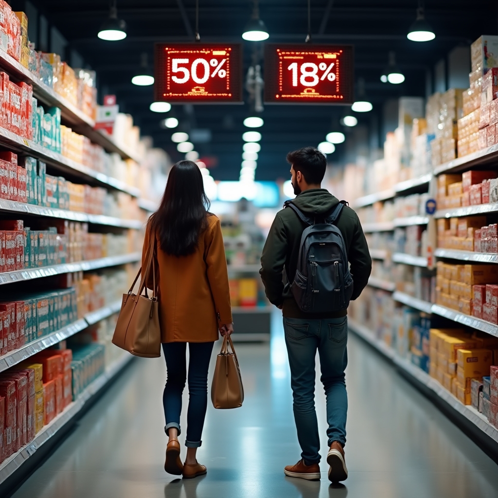 Tienda con clientes consultando ofertas de Black Friday en pantallas y estanterías