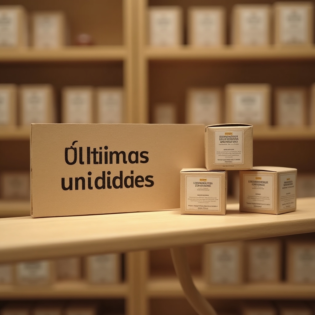 Cartel de tienda con el mensaje últimas unidades junto a un producto en estantería