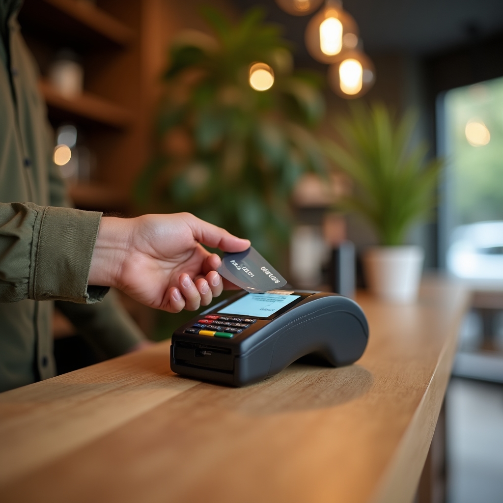 Mano pagando con tarjeta contactless en un terminal de punto de venta