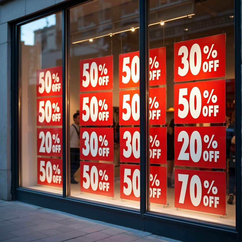 Escaparate de una tienda española con carteles de rebajas de enero